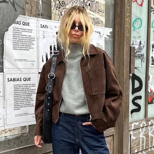 European and American autumn and winter new long-sleeve suede jacket, brown 2025 new style blazer, zip-up jacket, women's clothing European and American autumn and winter new long-sleeve suede jacket, brown 2025 new style blazer, zip-up jacket, women's clothing