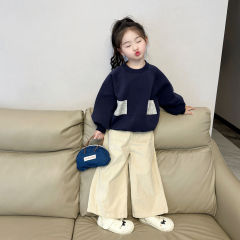 童装女童口袋长袖T恤2025秋装儿童卫衣潮款上衣小女孩宽松套装