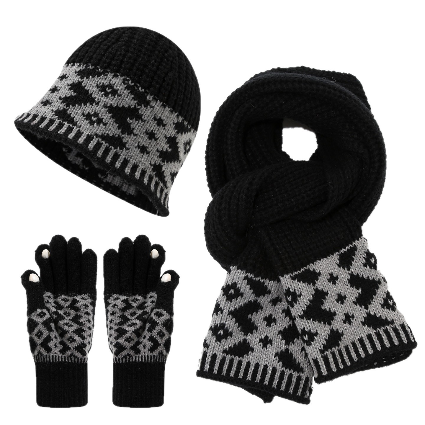 Otoño y invierno de lana caliente sombrero bufandas guantes de tres piezas estilo nacional de moda para mujeres protectoras de oídos frías set de moda