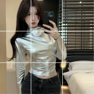 长袖亮面修身显瘦t恤女春ins欧美风时尚百搭半高领上衣潮5194