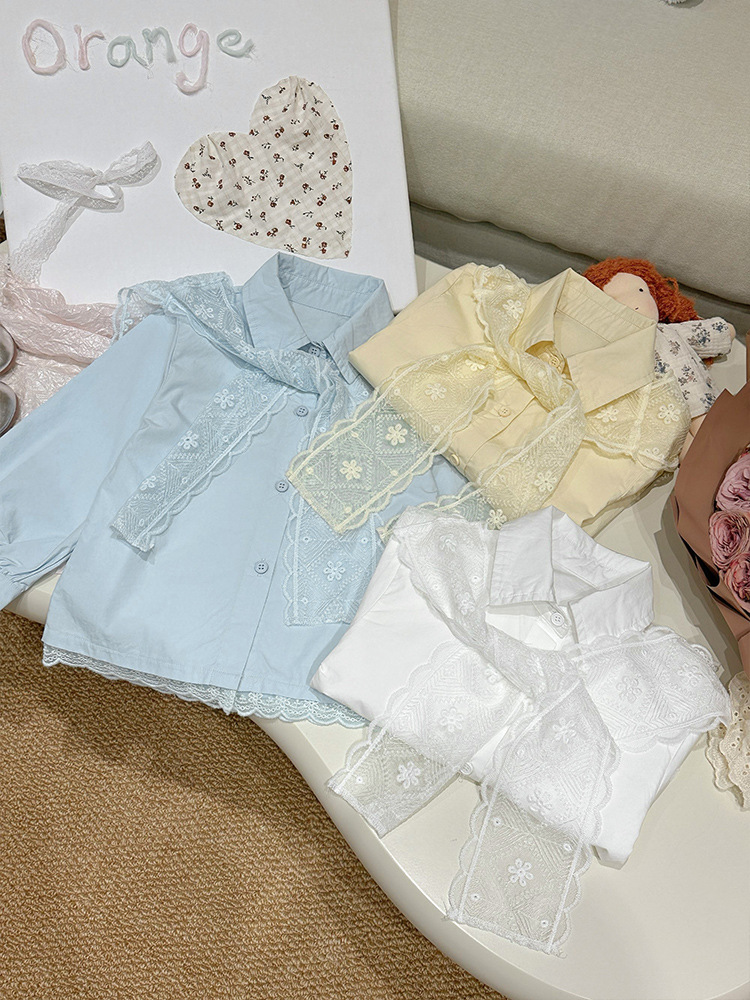 Ropa infantil de niñas de primavera Top diseñador de primavera 2025 nueva camisa de chale de encaje universal de manga larga
