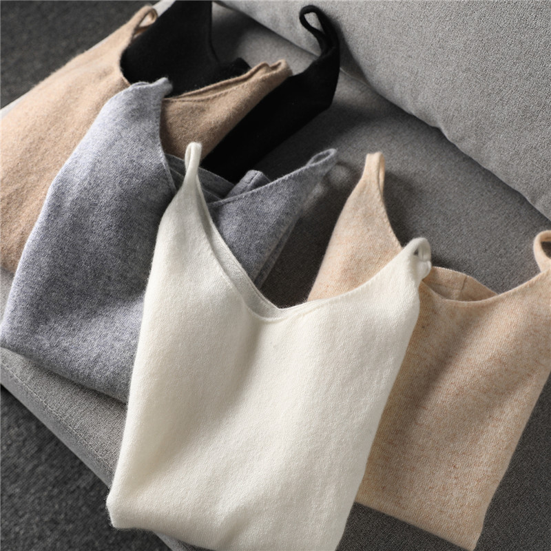 Wool Knitted Camisole for Women, V-Neck, Autumn and Winter Short Sleeveless Base Shirt, Close-Fitting, Simple and Versatile