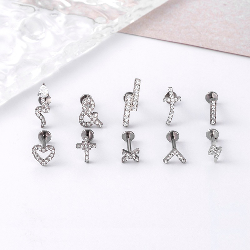 Fashion Heart Shape Titanium Steel Plating Zircon lip stud Ear Studs 1 Piece