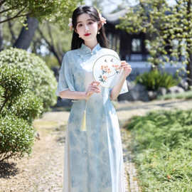 浅蓝色改良旗袍优雅气质显瘦女孩夏装日常连衣裙仙气甜美修身旗袍