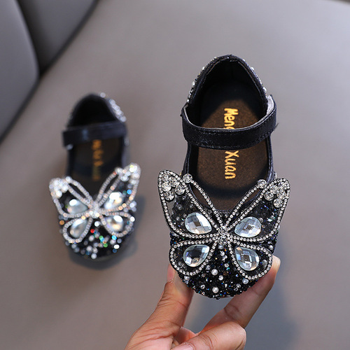 2024 Spring and Autumn New Korean Style Girls Princess Square Saliva Diamond Bow Single Shoes Leather Shoes Performance Dance Shoes for Girls