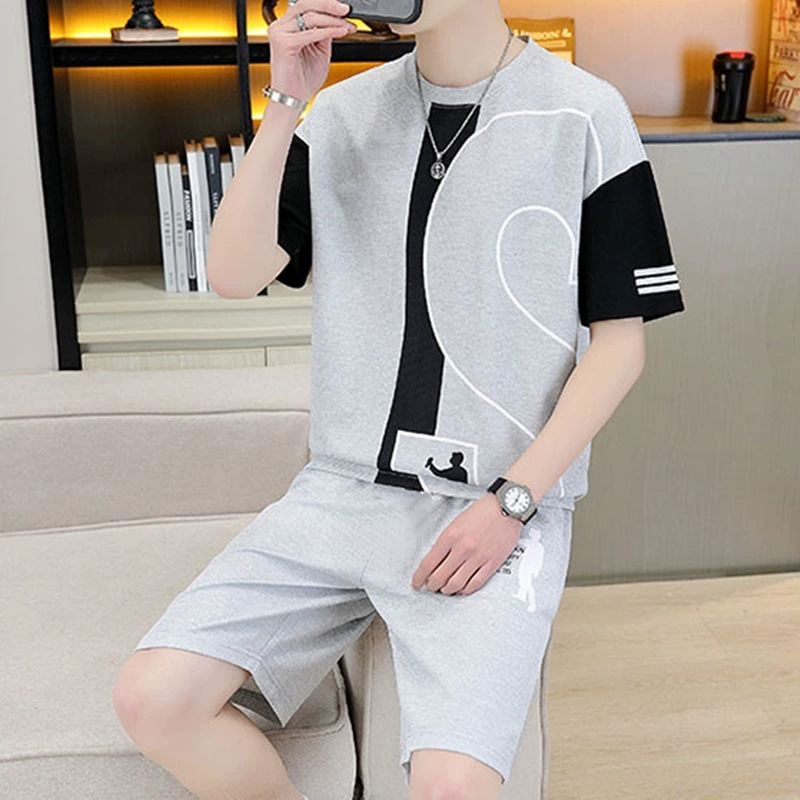 Повседневные шорты набор мужской 2024 летний новый вафли с коротким рукавом набор из двух частей Гонконг прилив свободный большой размер оптом