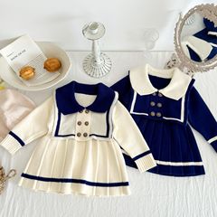 Girls navy style sweater dress baby girl autumn dress Korean style children's clothing long-sleeved infant knitted pleated skirt