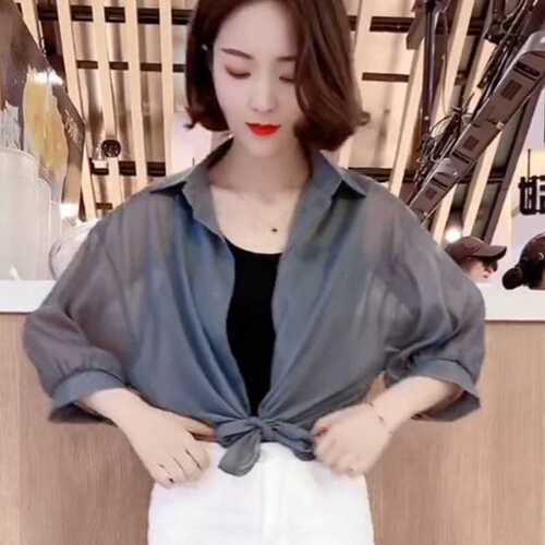Outerwear strap dress cover blouse thin summer chiffon top women's top sun protection coat matching skirt