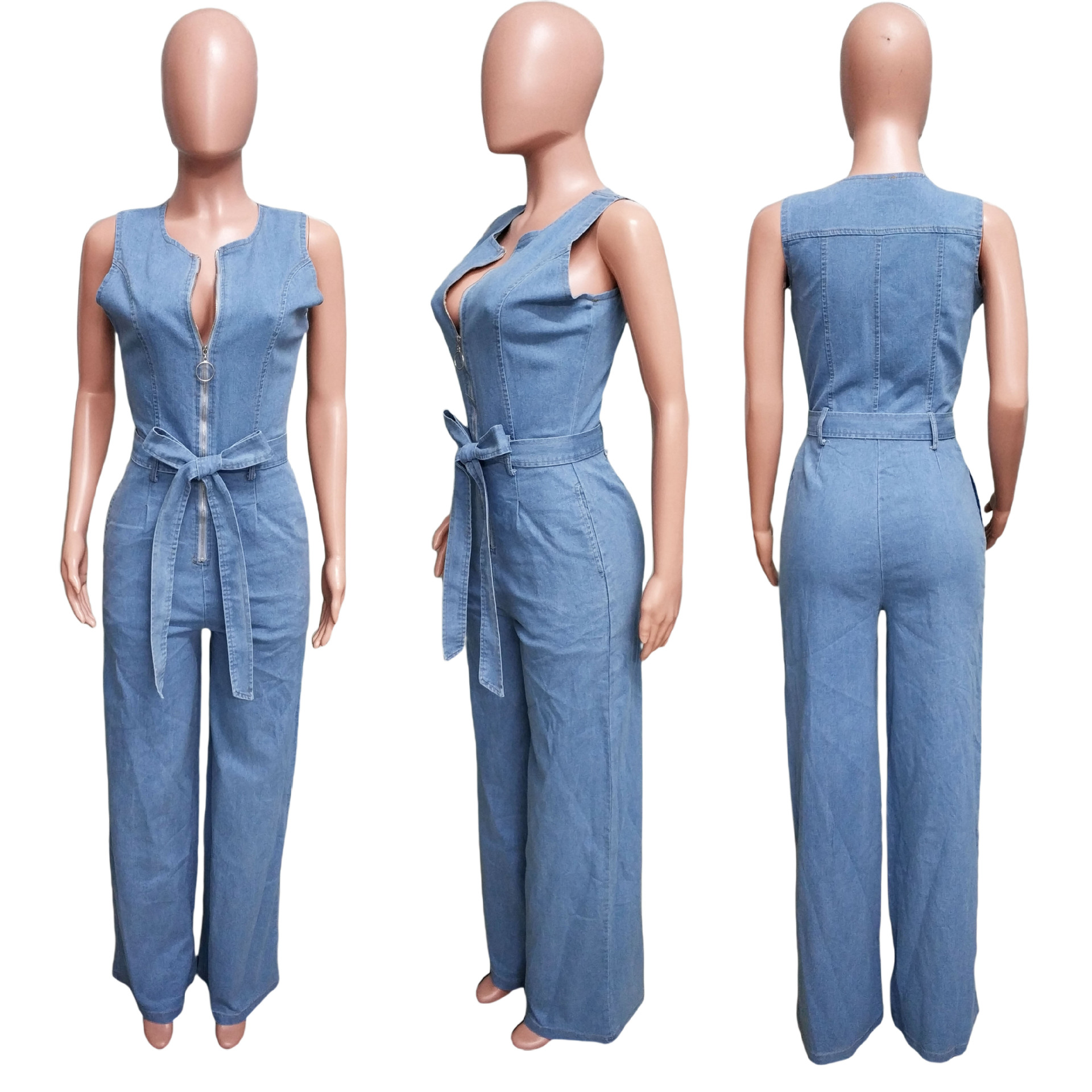 728g Weight Sleeveless Sleeve Length Full Length Pants Length Cotton, Denim Fabric Type High Waist Waist Line Jumpsuits Pants Type Bodysuits Tops Type Daily Occasion Loose Fit Type Solid Color Pattern Summer Season Women's Gender Belt Design Casual Style Women's Daily Bodysuits Casual Solid Color Full Length Belt Jumpsuits 11