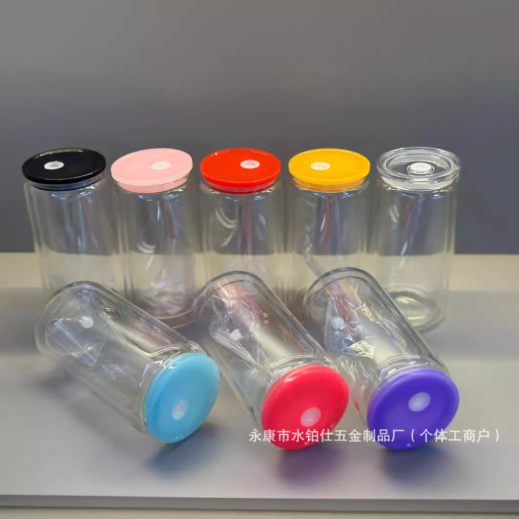 创意彩色双层塑料吸管杯耐高温亚克力梅森杯盖底部钻孔带硅胶塞