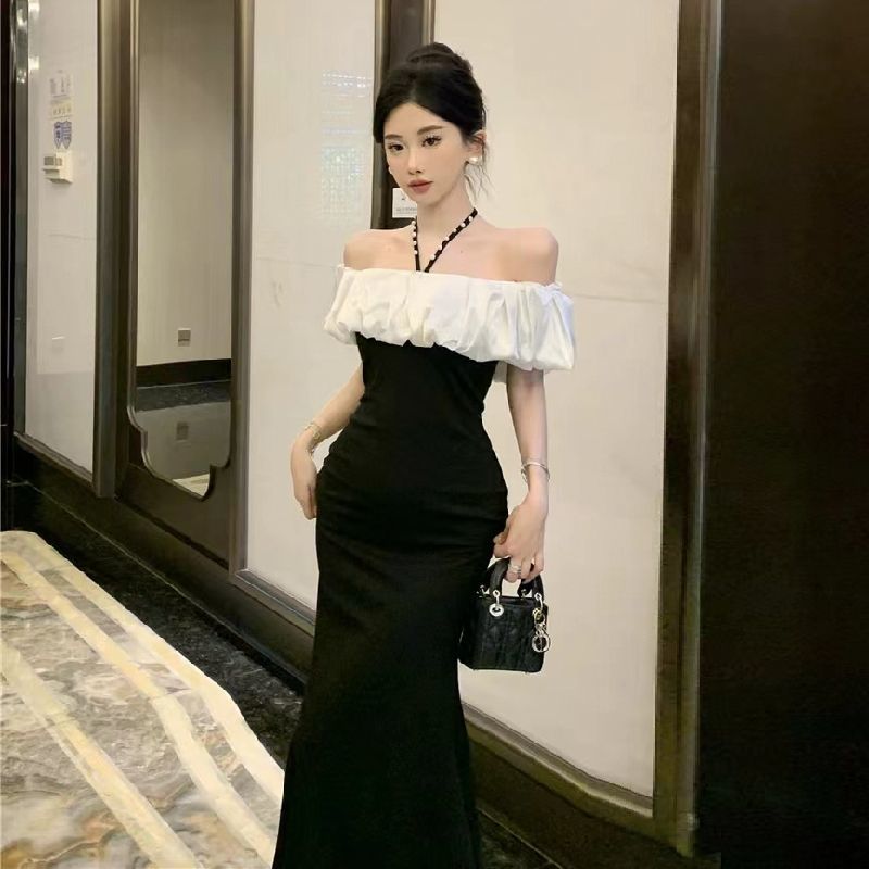 Hepburn-Style French Socialite Elegant Off-Shoulder Evening Dress for Women, Spring and Summer High-End Mermaid Bodycon Halter Dress