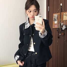 漂亮的初秋外套女2025新款春秋小个子休闲翻领格纹拼接夹克潮
