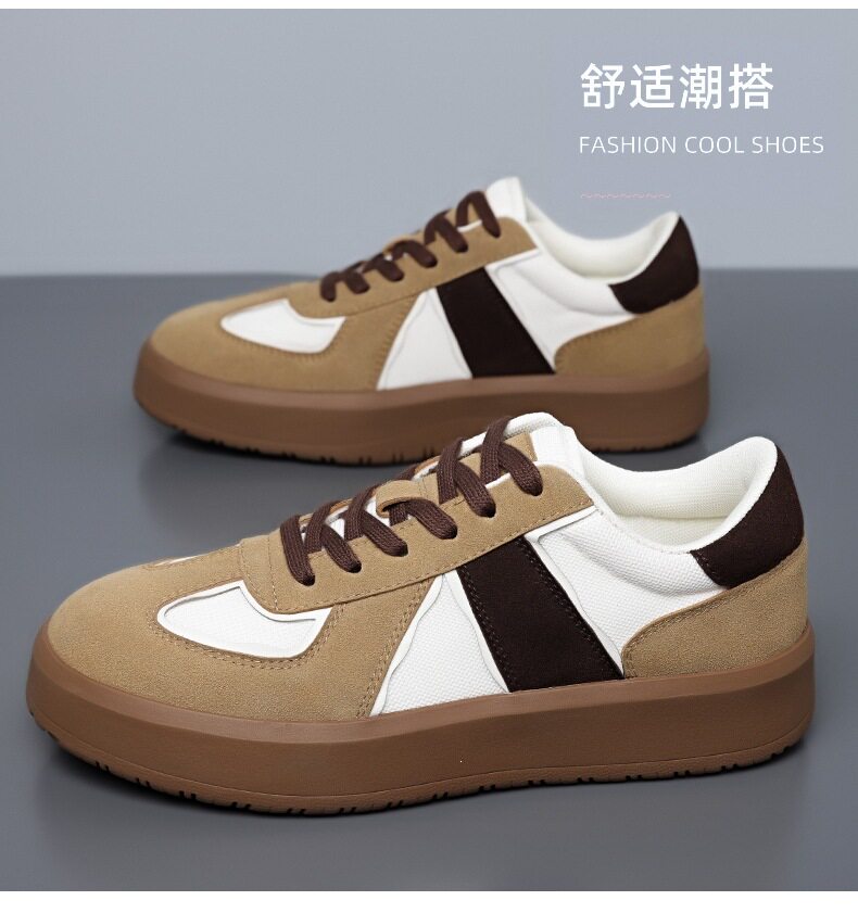 Giày sneaker nam cổ thấp phối màu, mũi tròn, đế cao su, thoáng khí, dây buộc — Màu lạc đà, Màu trắng chi tiết 5