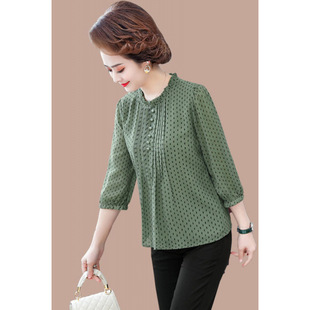 Mom's Summer Chiffon Shirt, Fashionable Three-Quarter Sleeve T-Shirt 2021 Spring New Style Middle-Aged and Elderly Women's Tops 40-50 Years Old