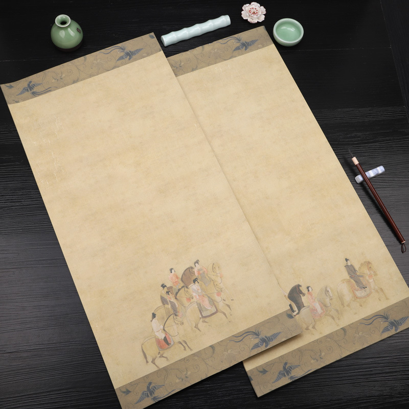 Wax-dyed micro-spraying four-foot four-section half-baked calligraphy paper antique striped screen ink painting ancient-style spring outing picture