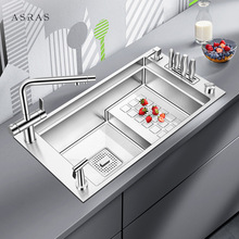 阿萨斯厨房手工水槽套餐4MM加厚304不锈大单槽阶梯式洗菜盆台下盆