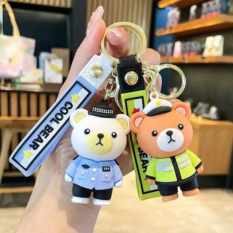 Creative Cartoon Traffic Police Fire Bear Keychain Cute School Bag Car Key Exquisite Small Pendant Gift Direct Sales
