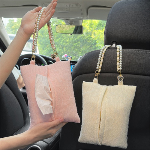 Car tissue box, seersucker small fresh decoration car tissue box, car seat back hanging storage tissue bag