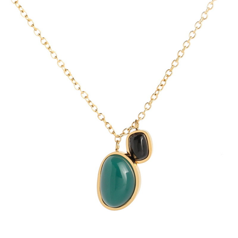 Fashion Retro Green Onyx Titanium Steel Double Pendant Necklace_colorza_2