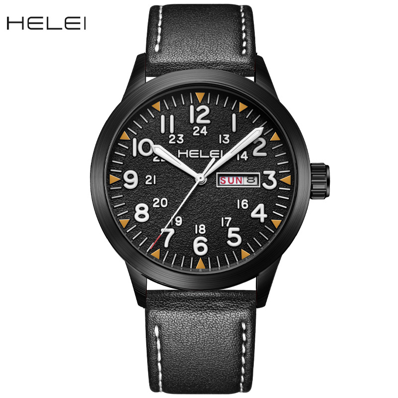 New Brand HELEI Men's Watch Genuine Leather Waterproof Luminous Wrist Watch Quartz Watch Calendar Week Display_voghion.com