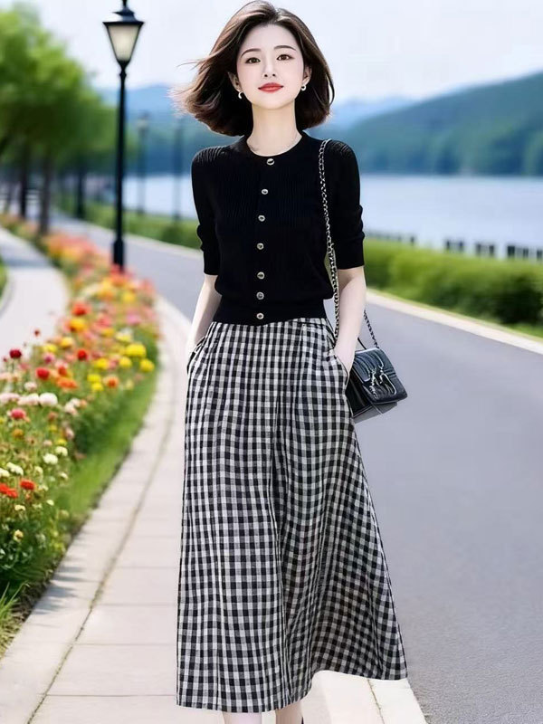 2025早秋季新款干练气质女装成套搭配减龄套装裙显瘦格子裙两件套|undefined