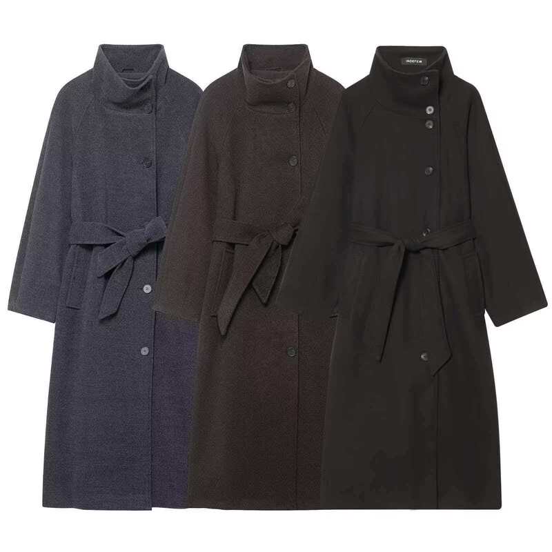 Za Cross-Border European and American Export Women's Clothing Aliexpress Popular Autum Elegant Single-Breasted Stand-Up Collar Belted Woolen Coat Za Cross-Border European and American Export Women's Clothing Aliexpress Popular Autum Elegant Single-Breasted Stand-Up Collar Belted Woolen Coat