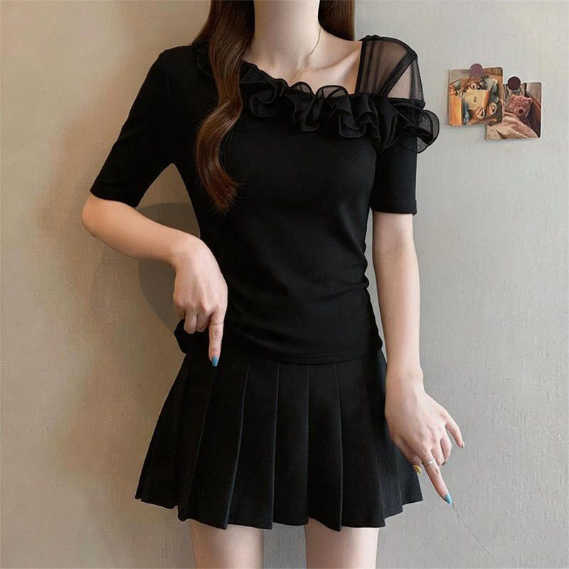 Plus-size stylish ruffled one-shoulder short-sleeve t-shirt for women, summer 2026 new model, unique, beautiful, and super attractive top