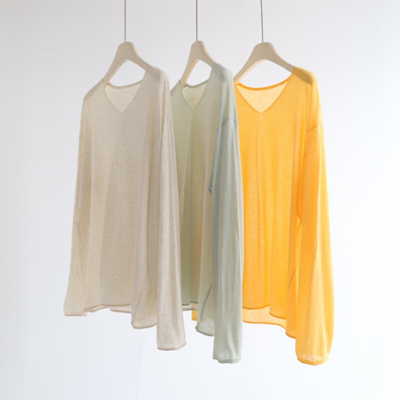 Korean-Style Loose-Fitting Tencel Linen V-Neck Long-Sleeve Rolled-Edge Knit Pullover Top for Women, New Summer Sun-Protection Air-Conditioning Shirt Korean-Style Loose-Fitting Tencel Linen V-Neck Long-Sleeve Rolled-Edge Knit Pullover Top for Women, New Summer Sun-Protection Air-Conditioning Shirt