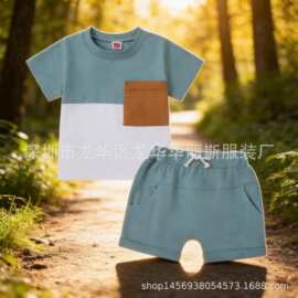 外贸男童拼色短袖套装夏季宝宝休闲两件套中小童运动短裤套装批发