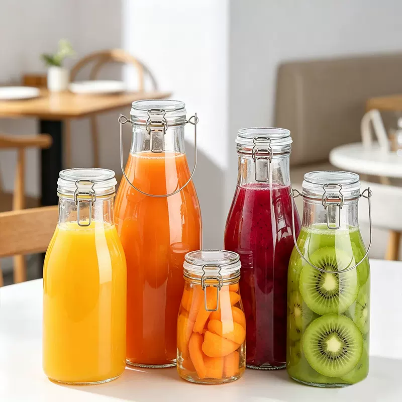 厂家直销酵素瓶透明卡扣果汁饮料瓶子玻璃瓶自酿果酒泡酒瓶密封空