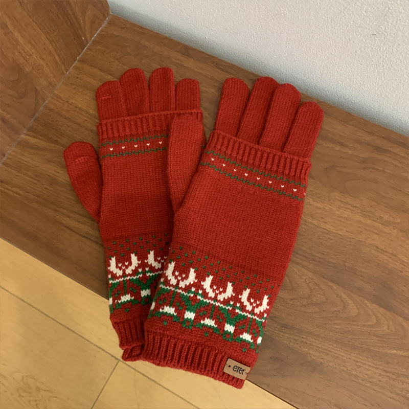 クリスマスの赤い取り外し可能な2つのジャカードのニットの毛糸の手袋の女性の秋冬の防寒の保温の騎乗はタッチパネルができます。|undefined