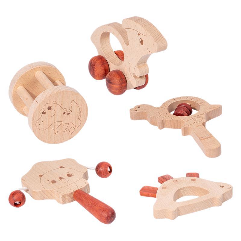Juego de sonajeros de mano de dinosaurio de madera para bebés, campanas de cama para recién nacidos, música, educación temprana, rompecabezas, instrumentos musicales, juguetes