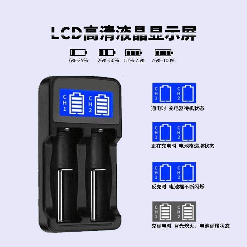 强光手电筒18650充电器 镍氢AA AAA充电器 LCD显示双槽USB充电器详情3