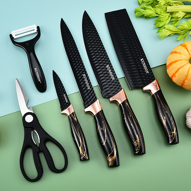 Venta caliente de utensilios de cocina, juego de cuchillos, cuchillos de acero inoxidable para el hogar, combinación de cuchillos de cocina, cocina afilada y antioxidante, juego de seis piezas al por mayor
