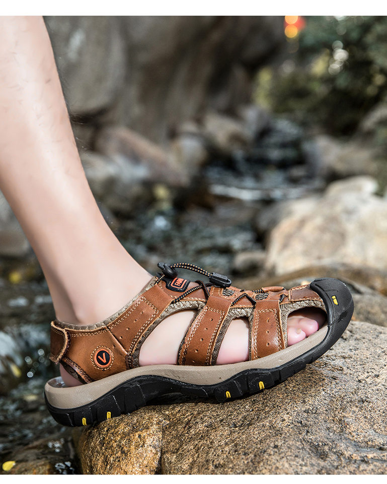 Dép sandal nam da thật quai ngang may thủ công chống trượt, cỡ lớn đến 48 — 7239 Xanh quân đội, 7239 màu xanh lam, 7239 màu đen, 7239 nâu sẫm chi tiết 12