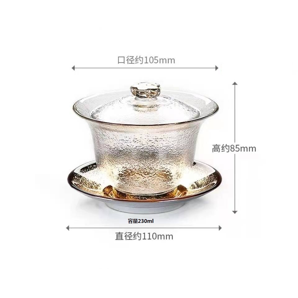 Tazón para té de vidrio de gran capacidad Sancai, borde dorado hecho a mano, resistente al calor, no quema las manos, producto de alta gama