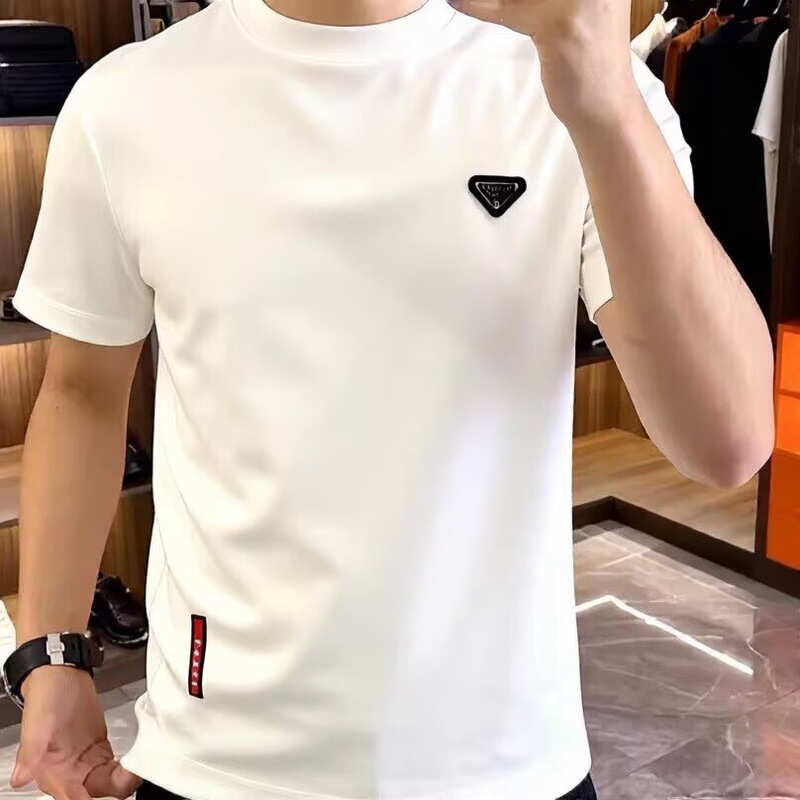 European Casual Fashion Half-High Collar Short-Sleeve T-Shirt for Men, Summer Trendy Brand Light Luxury Triangle Logo Badge Half-Sleeve Top European Casual Fashion Half-High Collar Short-Sleeve T-Shirt for Men, Summer Trendy Brand Light Luxury Triangle Logo Badge Half-Sleeve Top