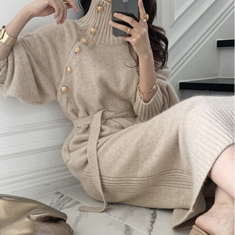 Tb Style French Chanel-Inspired High-Neck Sweater Dress for Autumn and Winter, Cross-Border Foreign Trade, Thickened Knit with Belt, Base Dress Tb Style French Chanel-Inspired High-Neck Sweater Dress for Autumn and Winter, Cross-Border Foreign Trade, Thickened Knit with Belt, Base Dress