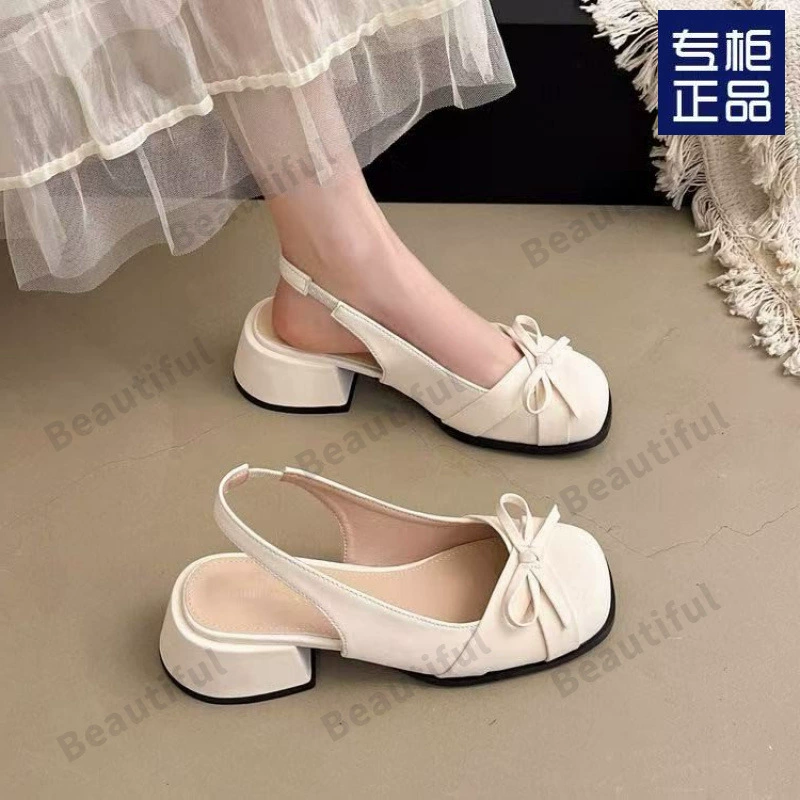 Босоножки Баотоу женские летние на среднем каблуке 2025 новые с бантом французские туфли на высоком каблуке в стиле нежной феи на толстом каблуке