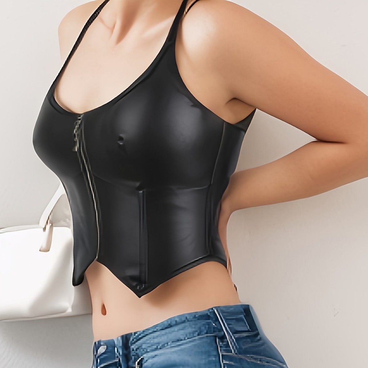 Europa y los Estados Unidos cuello de cuero PU cremallera delgada pectoral sexy plástico chaqueta Amazon venta rápida temu suministro transfronterizo