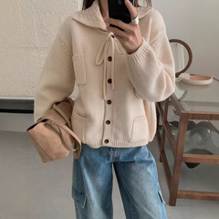 设计感连帽三口袋针织开衫女2025秋冬新款韩版宽松软糯纯色毛衣女