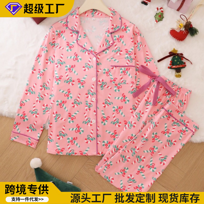 Carefully Selected Cross-Border Export Women's Pajamas for All Seasons, Christmas Printed Lapel Long-Sleeved Pants, European and American Cardigan Pajamas