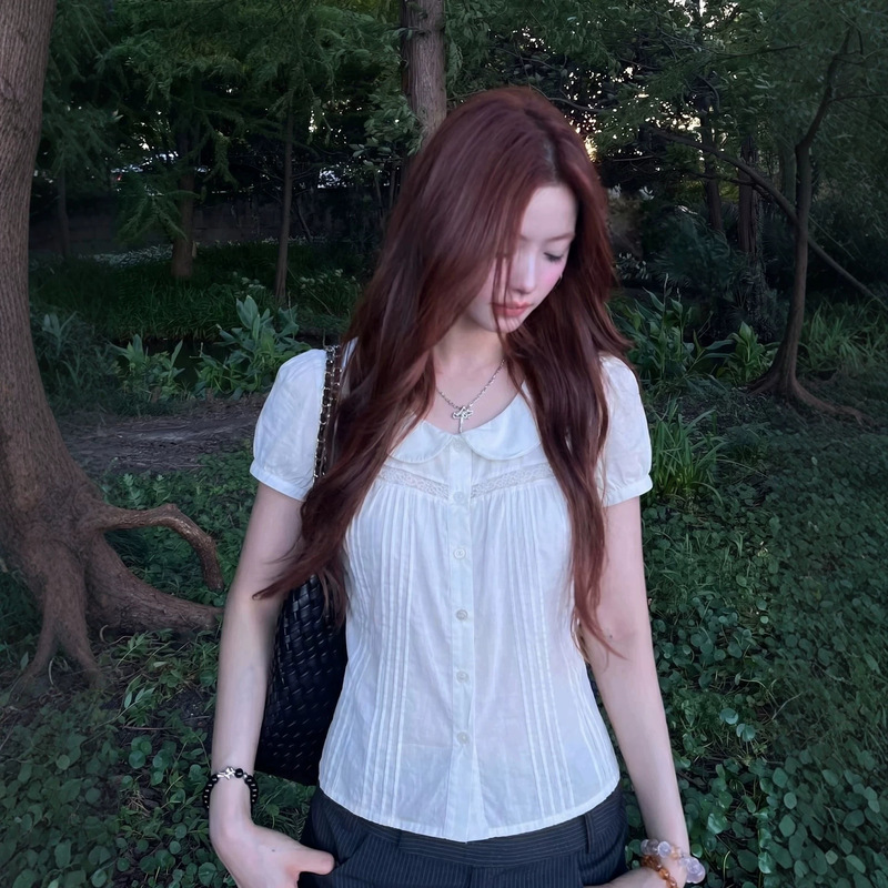 Morning Frost Moon Uena American Retro White Lace Trim Doll-Style Round Neck Puff Short-Sleeve Shirt Morning Frost Moon Uena American Retro White Lace Trim Doll-Style Round Neck Puff Short-Sleeve Shirt