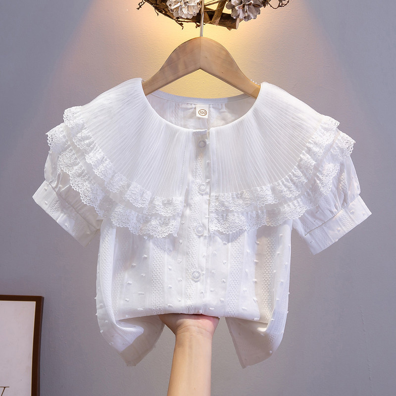 Girls' short-sleeved shirt with white lace trim, summer dress for elementary school students, doll collar, large collar, pure cotton top Girls' short-sleeved shirt with white lace trim, summer dress for elementary school students, doll collar, large collar, pure cotton top