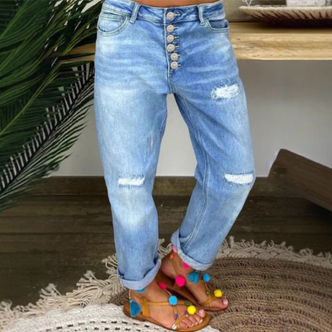 Independent Station Cross-border European and American Ripped Jeans Women's Spring and Autumn New Low Waist Loose Slimming Straight Jeans