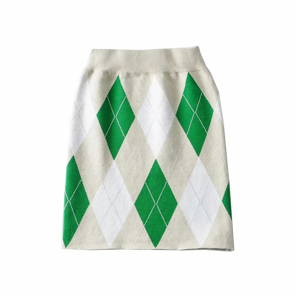 diamond lattice zipper sweater high waist knitted skirt suit  NSAC38437