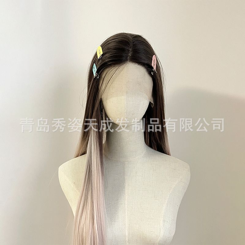 Gradient Pink Lace Front Wig Matte High-Temperature Fiber Full Wig Headgear with Customizable Parting for Women, Long Straight Hair, Curly Hair