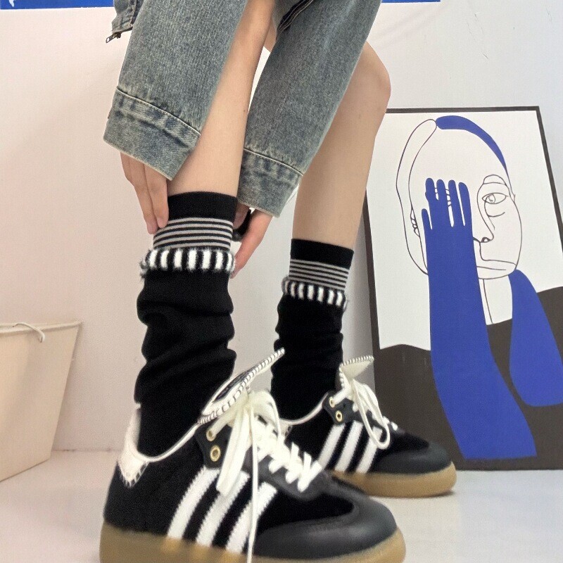 Autumn and Winter Niche Design Double-Layer Flared Stacked Socks with Striped Cotton Socks in Contrasting Colors, Faux Two-Piece Three-Dimensional Socks