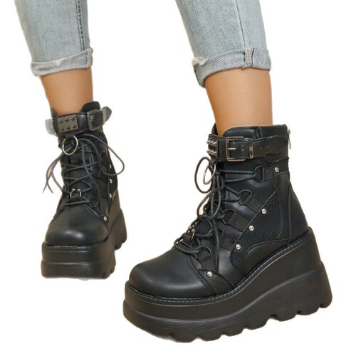 New wedge-style European and American plus-size dark-colored versatile chic punk-style chunky-sole personalized fashion boots