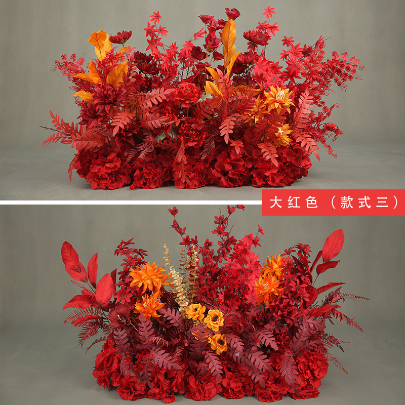 結婚式の道具の青い結婚式のシミュレーションの花の列の花の三角の花の列は造花の舞台の装飾の大きい赤色を配置します。|undefined